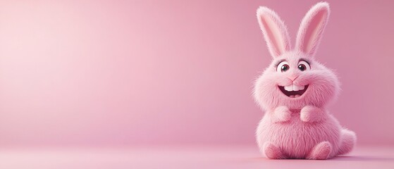 Obraz premium 3d Bunny Animation Cartoon Cute Smiling Fluffy Ears Pink Background Copy Space Happy Easter Greeting Card
