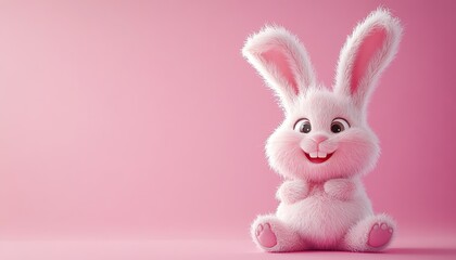 Obraz premium 3d Bunny Animation Cartoon Cute Smiling Fluffy Ears Pink Background Copy Space Happy Easter Greeting Card