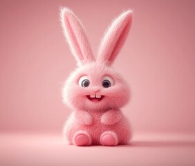 3d Bunny Animation Cartoon Cute Smiling Fluffy Ears Pink Background Copy Space Happy Easter Greeting Card