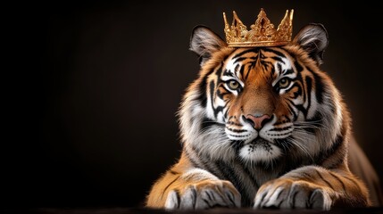Fototapeta premium A magnificent tiger, adorned with a crown, lies regally against a dark backdrop, symbolizing power, elegance, and the majesty of wildlife in nature.