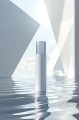 white blank skincare tube is placed on the water surface, with a light blue sky and sunlight shining from above. 