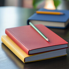Colorful notebooks and a pencil arranged on a wooden desk with soft lighting and blurred background items