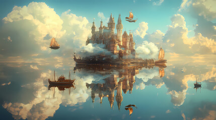 Obraz premium Floating fantasy castle in the sky reflected on water. magical, whimsical landscape with clouds, boats, and airships. Mirror Realm Explorers. Illustration