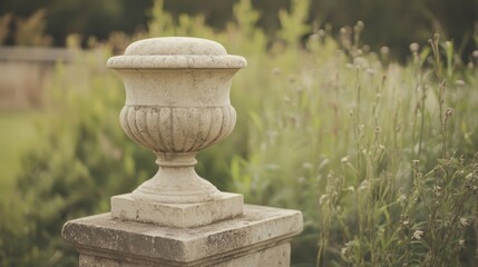 Ornate stone vase in garden setting