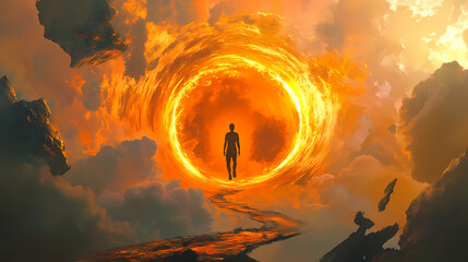 Floating figure amidst fiery portal surreal art digital realm dreamlike environment dramatic perspective conceptual exploration. Mirror Realm Explorers. Illustration