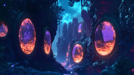 Mirrors floating in mid air create glowing portals to alternate dimensions in dreamlike colors. Mirror Realm Explorers. Illustration