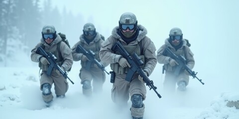Fototapeta premium A group of military soldiers in winter gear advance through a snow-covered landscape, showcasing teamwork and bravery in challenging conditions.