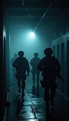 Silhouetted soldiers move purposefully through a dimly lit corridor, creating an atmosphere of tension and anticipation, ideal for military themes and security scenarios.