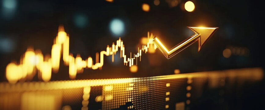 Golden stock market arrow rising towards success against dark background - Powered by Adobe
