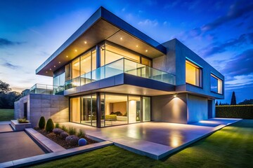 Fototapeta premium Modern Minimalist Concrete Glass House Exterior Night Photography