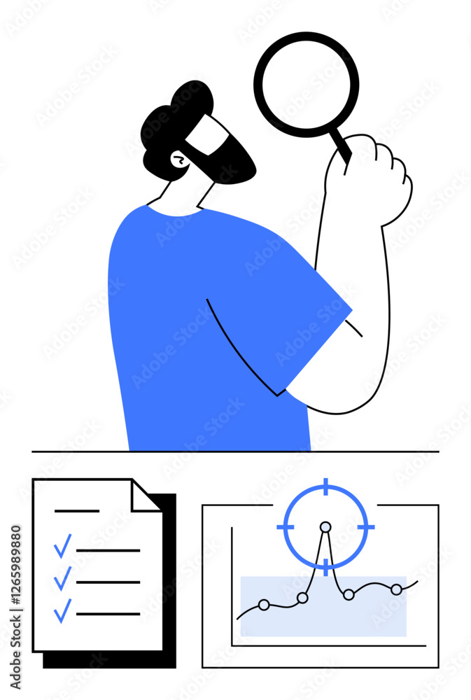 Poster man holds magnifying glass, examining checklist and data graph to discover details and insights. ide