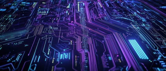 Abstract Circuit Board Digital Technology Background with Purple and Blue Neon Lights