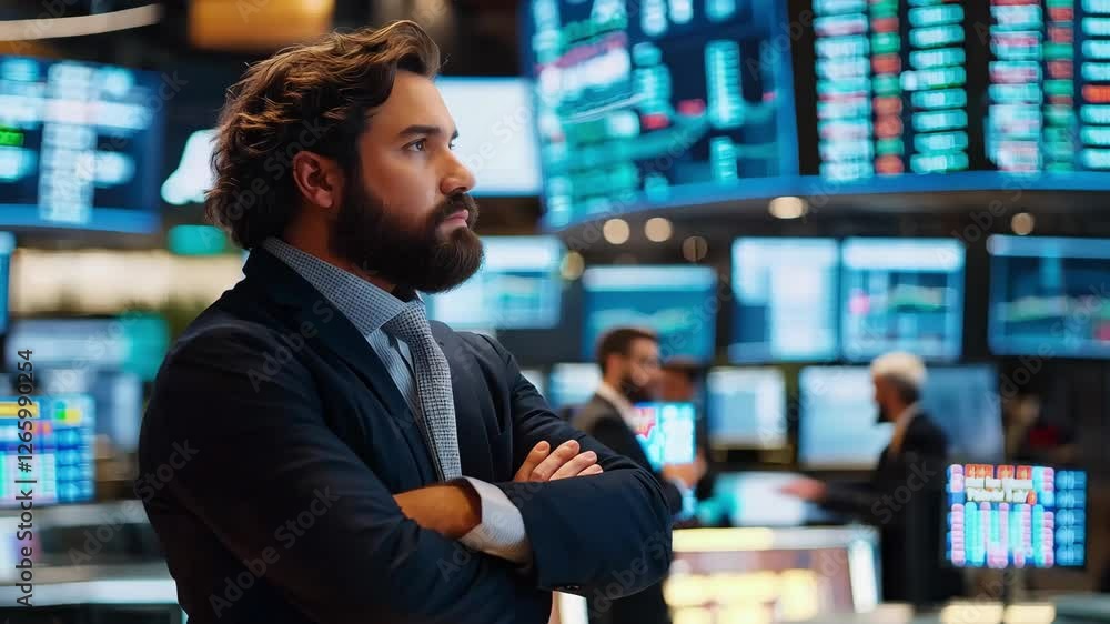 Poster trader man observes market data and charts intently in a lively financial trading room during busy h