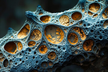 A close up of a blue and yellow sponge with holes in it