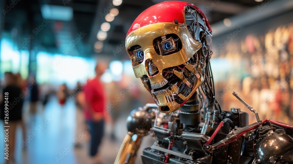 Poster highlighting advanced technology, this image features a detailed close-up of a futuristic robot desi