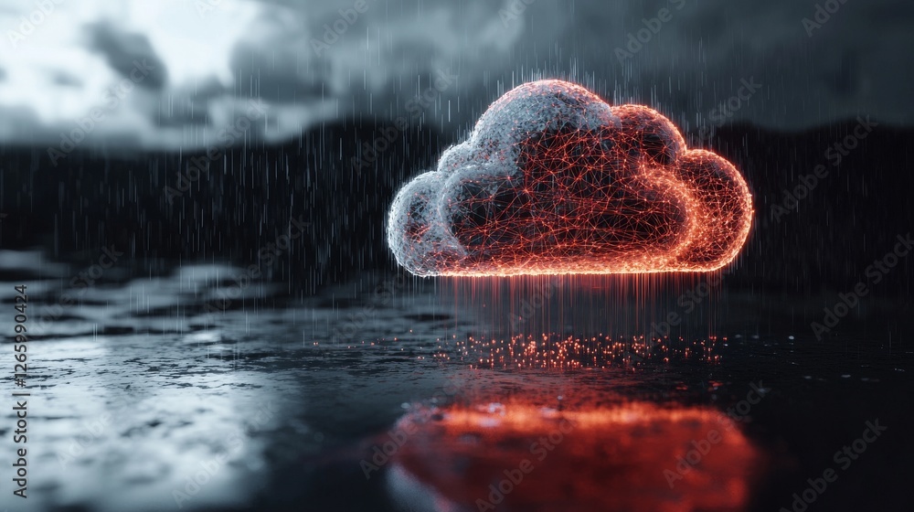 Poster digital cloud computing is depicted through an abstract design of glowing neon clouds and vibrant li