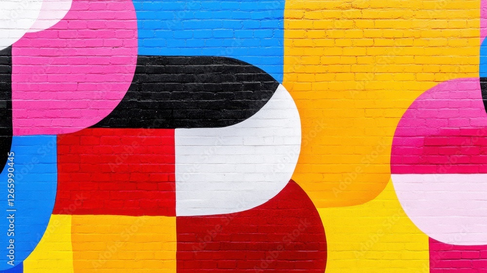 Poster a vibrant, close-up shot of a textured wall adorned with a colorful and abstract mural featuring ove