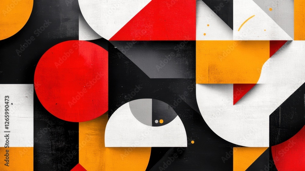 Poster a vibrant, abstract composition featuring overlapping geometric shapes in bold primary and secondary