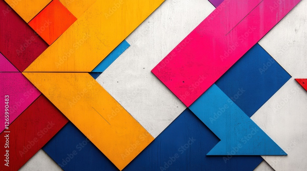 Poster abstract composition of overlapping geometric shapes in various colors, creating a textured and laye