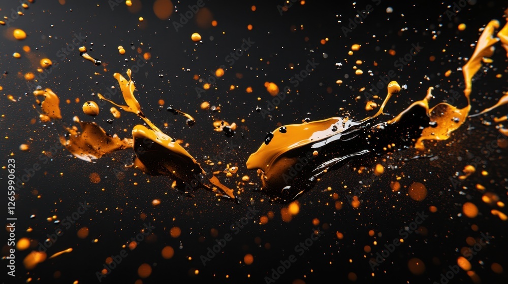 Poster dynamic splash of golden liquid against a dark background, resembling a collision or explosion of vi