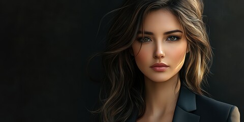 Woman with long brown hair poses confidently in a black blazer against a dark background during an elegant portrait session