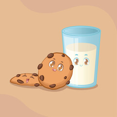 vector illustration of cute cookie and a glass of milk with happy face in cartoon style