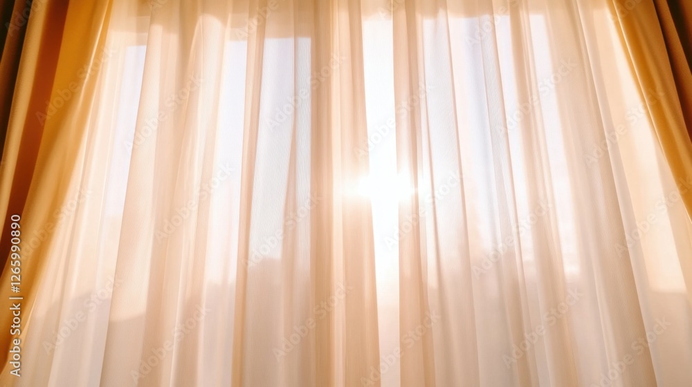 Poster sunlight streams through sheer, white curtains, creating a soft, ethereal glow against a backdrop of