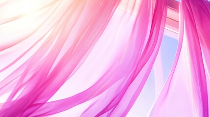 Pink, translucent fabric drapes elegantly, illuminated by soft light, creating a dreamy and ethereal ambiance