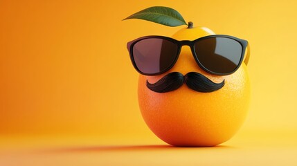 Cartoon mango with sunglasses and a mustache on a yellow background