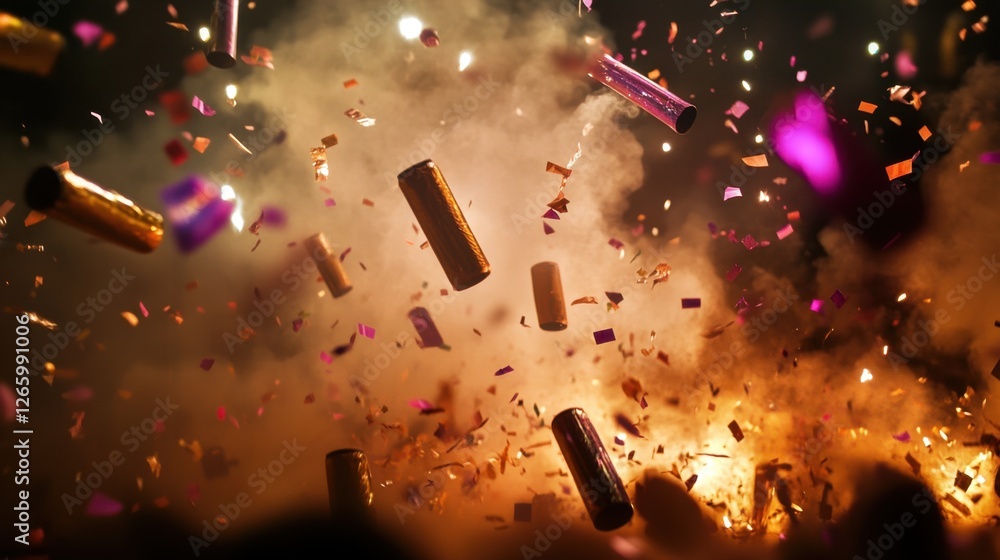 Poster explosion of confetti and streamers fills the air, illuminated by flashes of light, creating a celeb