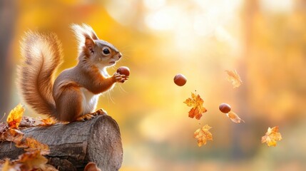 This delightful scene shows a squirrel joyfully holding an acorn while surrounded by falling leaves, capturing the essence of autumn's beauty and liveliness.