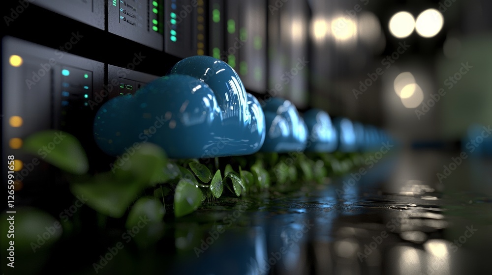 Poster a futuristic digital hologram featuring a cloud icon, blue and golden light digits, and a coded back