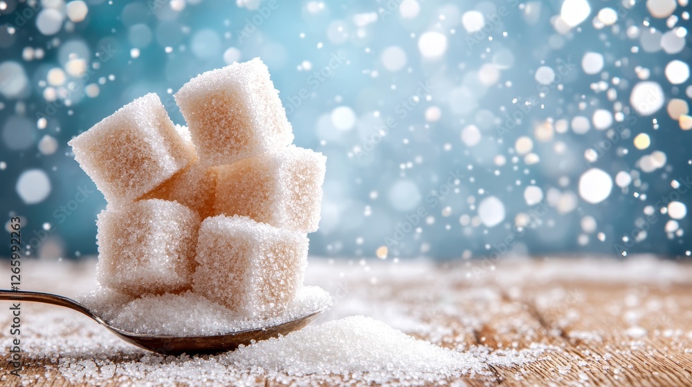 Poster an artistic presentation of sugar cubes arranged on a spoon, creating an inviting and delightful sti