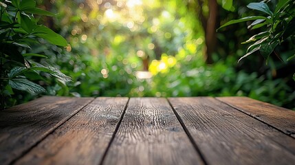 Wooden table, lush garden backdrop, sunlight, product display