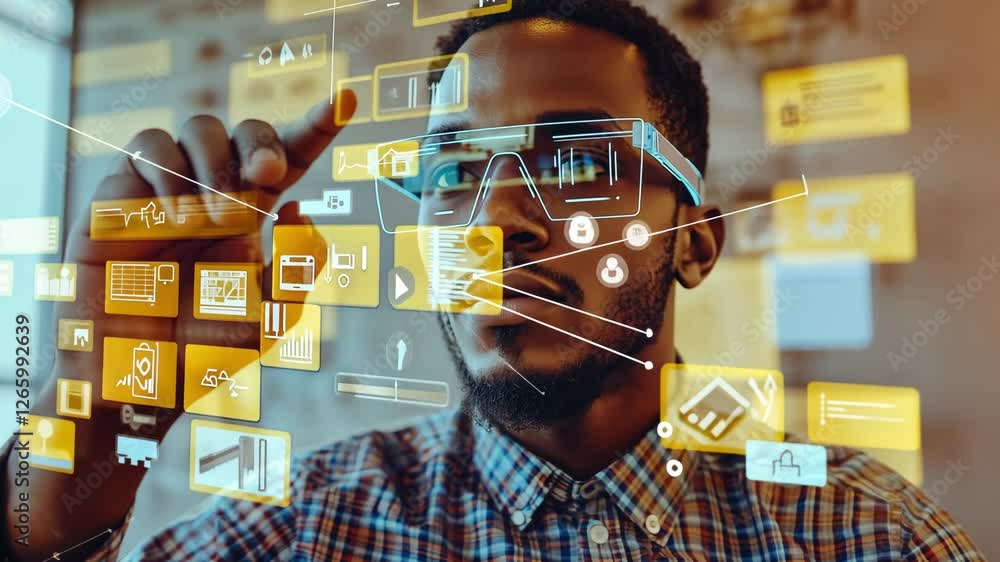 Poster a black man in eyeglasses interacts with smart displays through gestures in a modern workspace with 