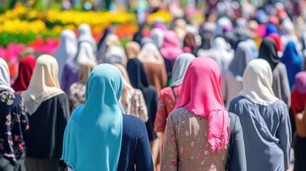 Diverse Women in Headscarves Walking Through Floral Park Landscape