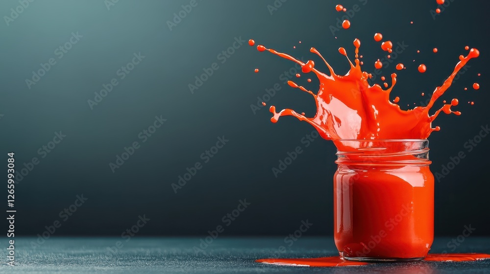 Poster this captivating image captures the instant of a splash from a jar of vibrant red sauce, symbolizing