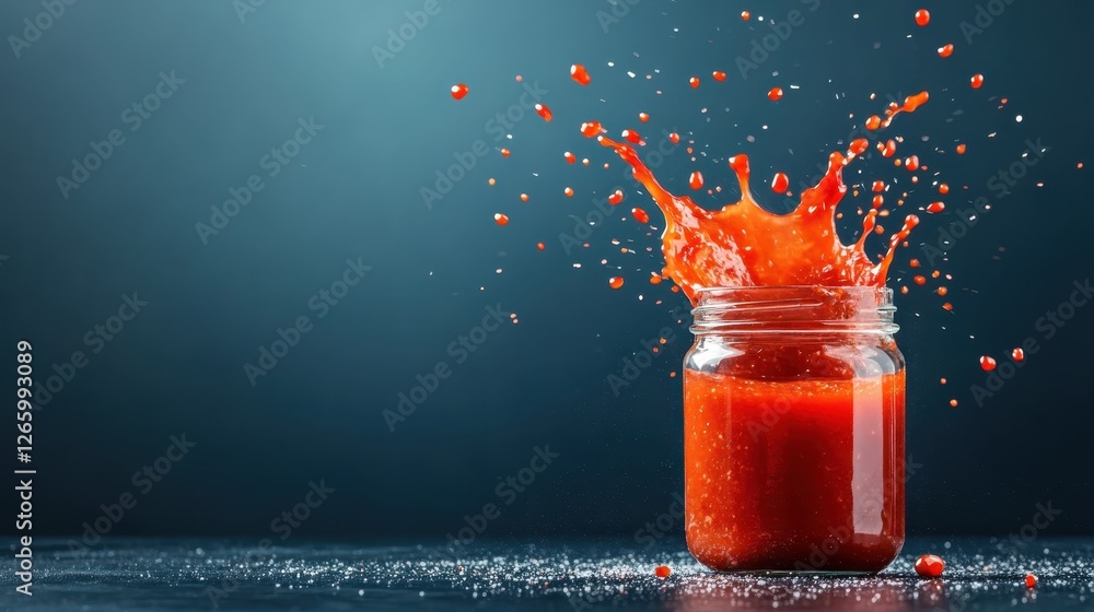 Poster an eye-catching image featuring a glass jar of sauce with a vibrant red splash against a dark surfac