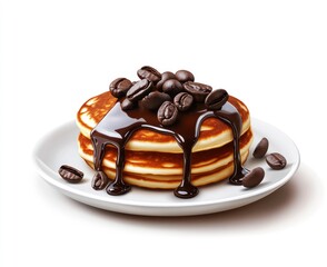 Pancake with chocolate drizzle and coffee beans, isolated on a white background. A photorealistic picture, shiny chocolate drizzle over it, isolated on a white background