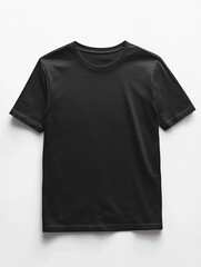 mockup of a plain black T-shirt, front view, flat with no wrinkles, on a white background, in a flat lay