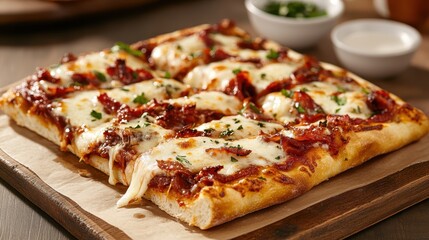 This beautifully styled image features a gourmet pizza with crispy edges, topped with melted cheese, fresh toppings, and herbs making it visually irresistible and inviting.