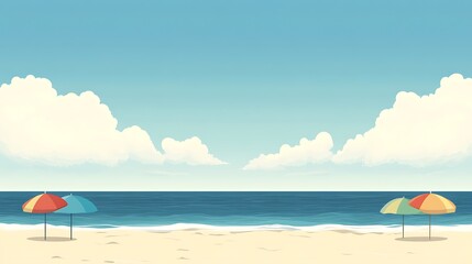 Idyllic Beach Scene With Colorful Umbrellas Under Blue Sky