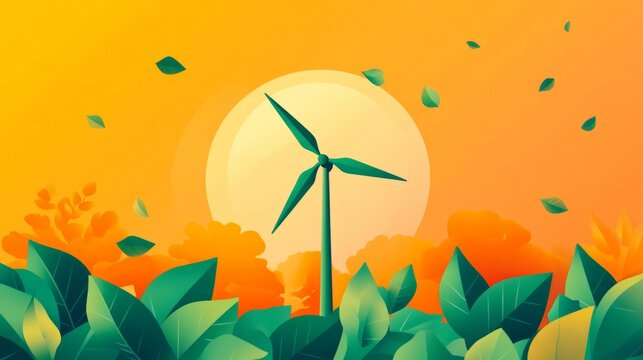 Wind Turbine With Floral Illustration. Eco Energy, Sustainability Concept.