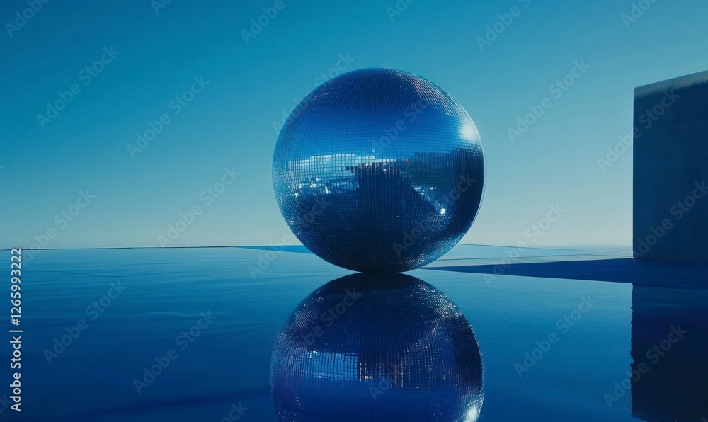 Poster blue background with a large disco ball in the center, reflecting light on it, and a small part of t