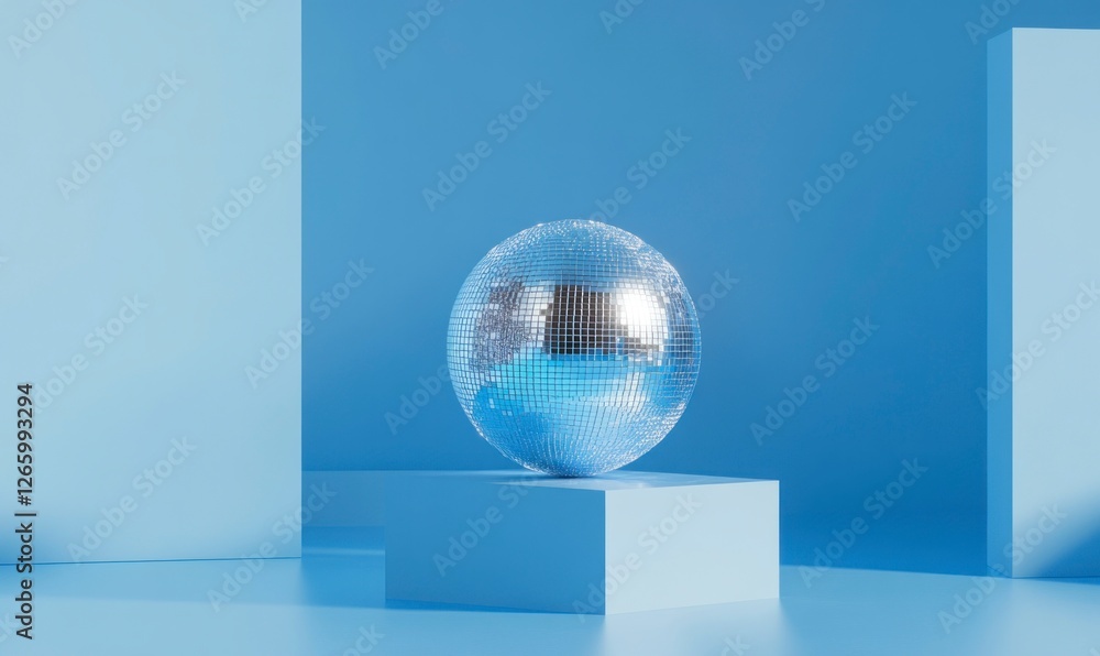 Poster blue background with a large disco ball in the center, reflecting light on it, and a small part of t