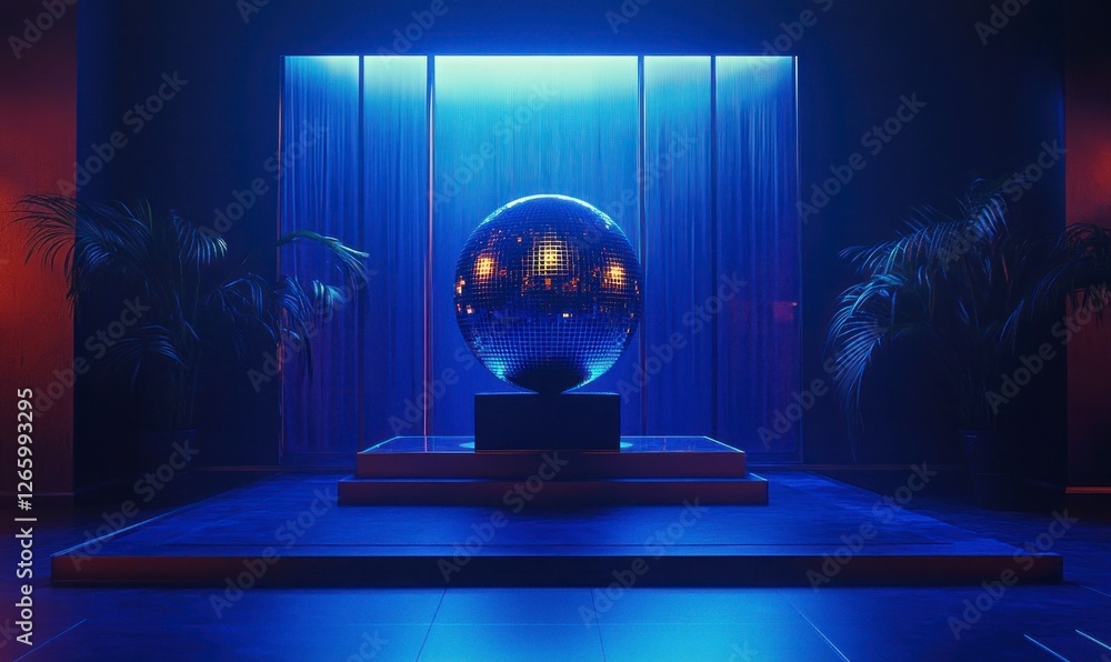 Poster blue background with a large disco ball in the center, reflecting light on it, and a small part of t