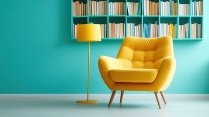 A cheerful reading nook featuring a bright yellow chair, stylish lamp, and a vibrant turquoise wall filled with colorful books, inviting relaxation and creativity.