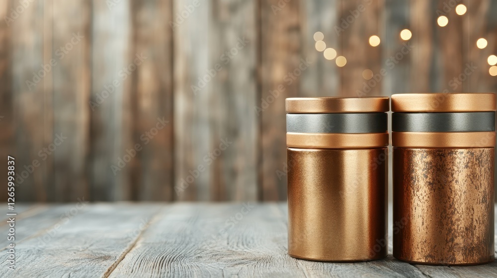 Poster a visually appealing setup of metallic containers on a rustic wooden table, exuding a warm and invit