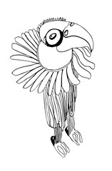Funny bird doodle, abstract character. Hand drawn illustration, black and white.	