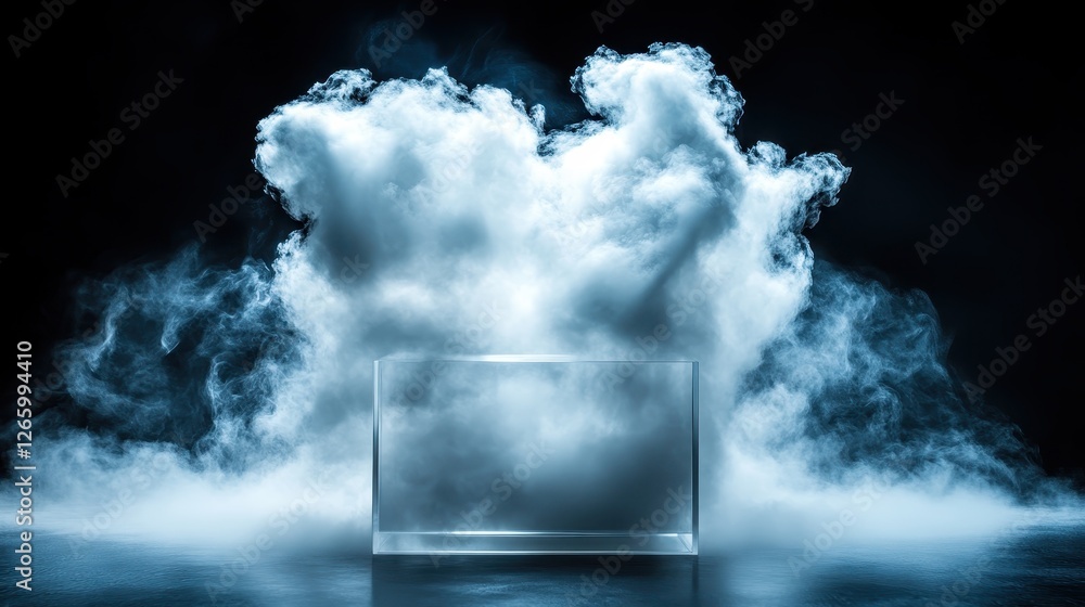 Poster an artistic representation of ethereal clouds emerging from a transparent box against a dark backdro